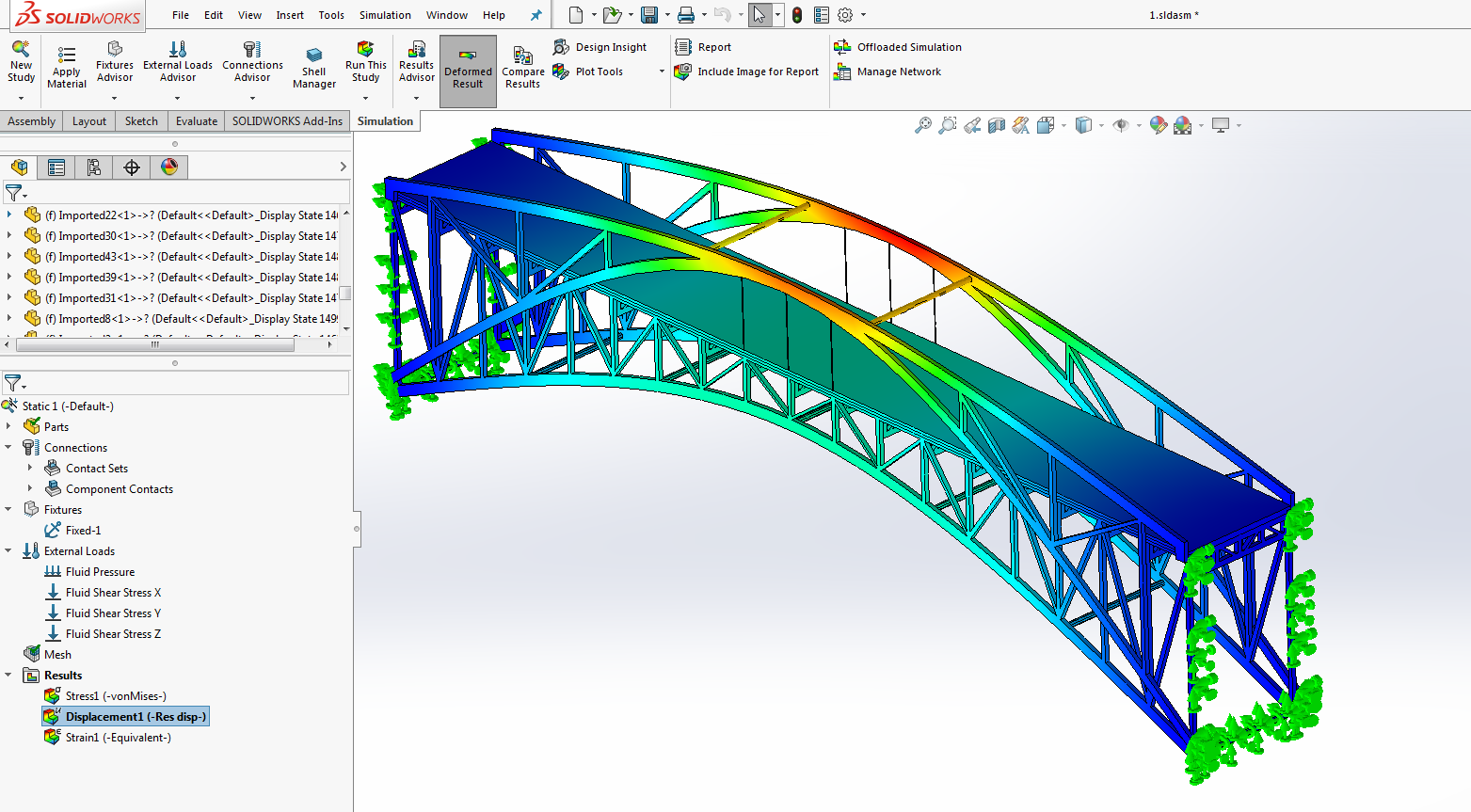 Static FEA displacement plot of a truss bridge